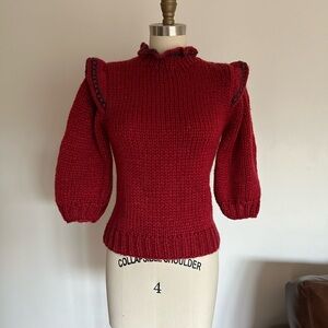 1980s vintage cranberry red chunky knit puff sleeve sweater women’s xs/s